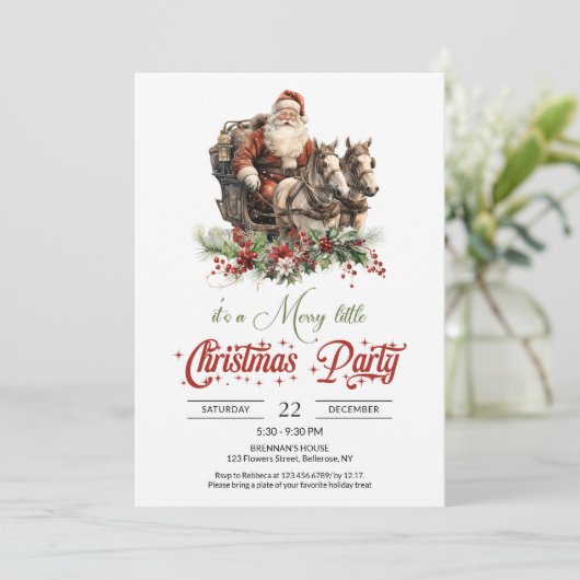 Retro Rot und Grün Santa mit Pferd gezeichnet Schl Einladung (Stehend Vorderseite)