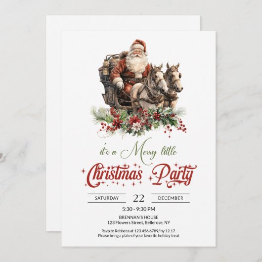 Retro Rot und Grün Santa mit Pferd gezeichnet Schl Einladung (Vorne/Hinten)