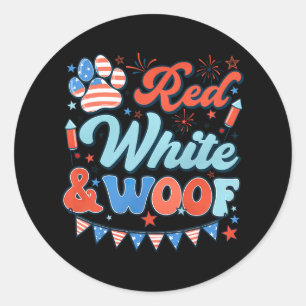 Retro Rot Weiß und Woof Uns Flag Hunde Paw Happy 4 Runder Aufkleber