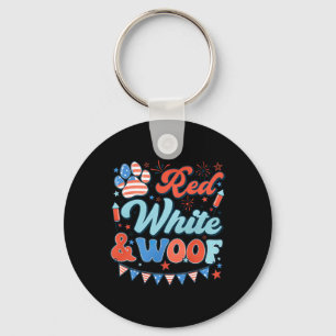 Retro Rot Weiß und Woof Uns Flag Hunde Paw Happy 4 Schlüsselanhänger