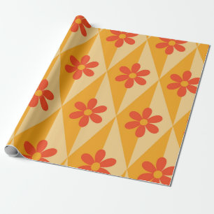 Retro rote Blumen auf orangen Vintage-Diamanten Geschenkpapier