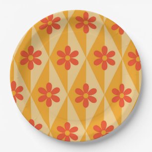 Retro rote Blumen auf orangen Vintage-Diamanten Pappteller