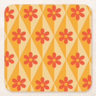 Retro-Rote Blumen auf orangen Vintage-Diamanten Rechteckiger Pappuntersetzer