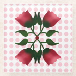 Retro-Rote Blumige Volkskunst mit Rosa Punkten Mus Glasuntersetzer