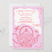 Retro rote Bows Teekanne Baby Braut Babydusche Einladung (Vorderseite)