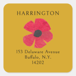 Retro Rote Poppy Gelbe Rücksendeadresse des Mittel Quadratischer Aufkleber