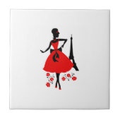 Retro Rote schwarze Silhouette mit Eiffelturm Fliese (Vorderseite)