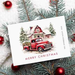 Retro-Roter-Bauernhof-LKW-Weihnachtsbaum-Gruß Feiertagskarte