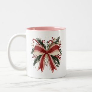 Retro roter Bogen mit Zuckerstangen und Grünzeug Zweifarbige Tasse