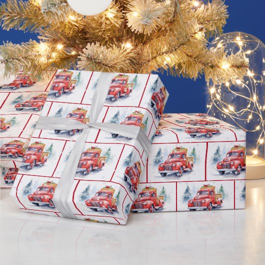 Retro roter LKW in Schneeflocken Geschenkpapier (Feiertage)