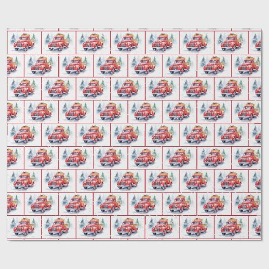 Retro roter LKW in Schneeflocken Geschenkpapier (Flach)