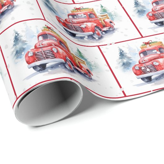 Retro roter LKW in Schneeflocken Geschenkpapier (Rolleneckpunkt)