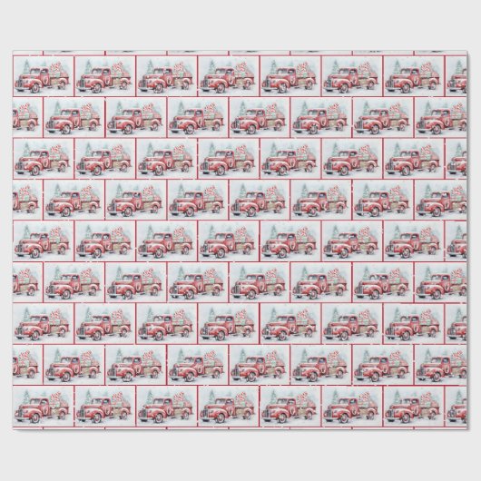 Retro roter LKW in Schneeflocken Geschenkpapier (Flach)