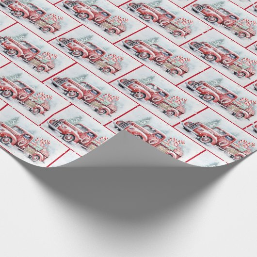 Retro roter LKW in Schneeflocken Geschenkpapier (Ecke)
