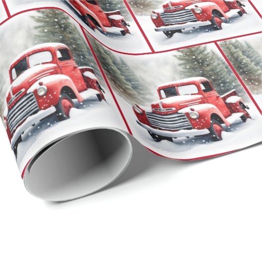 Retro roter LKW in Winterwald Geschenkpapier (Rolleneckpunkt)