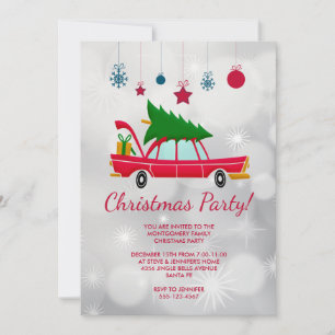 Retro rotes Auto, das eine Weihnachtsbaum-Party tr Einladung
