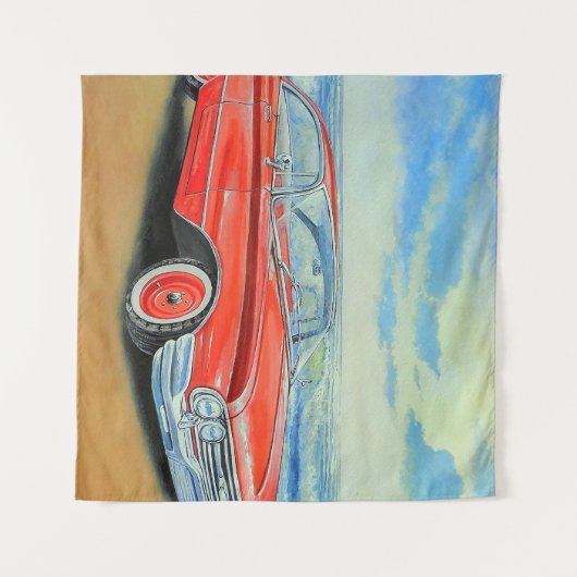 Retro rotes Auto, Küstenmalerei. Wandteppich (Vorderseite (Horizontal))