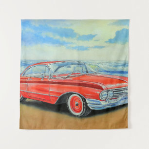 Retro rotes Auto, Küstenmalerei. Wandteppich