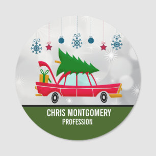 Retro rotes Auto mit einem Weihnachtsbaum beladen Namensschild