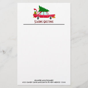 Retro rotes Auto mit einem Weihnachtsbaum Briefpapier