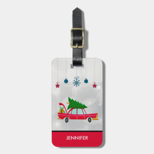 Retro rotes Auto mit einem Weihnachtsbaum Gepäckanhänger