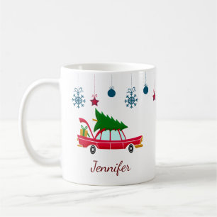 Retro rotes Auto mit einem Weihnachtsbaum Kaffeetasse