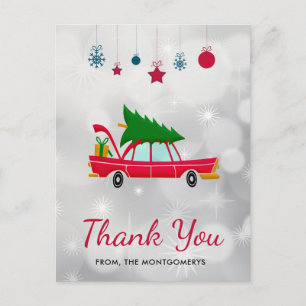 Retro rotes Auto mit Weihnachtsbaum Danke Postkarte