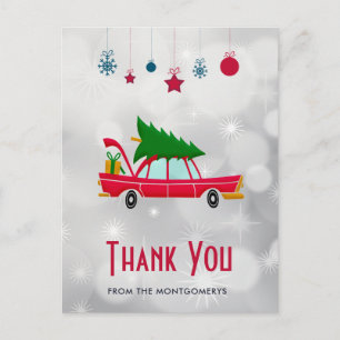 Retro rotes Auto mit Weihnachtsbaum Danke Postkarte