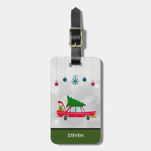 Retro-Rotes Auto mit Weihnachtsbaum Gepäckanhänger (Vorderseite vertikal)