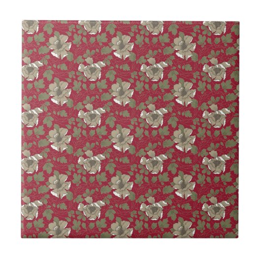 Retro rotes Blumen Fliese (Vorderseite)