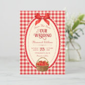 Retro rotes Gingham-Picknick Save The Date (Stehend Vorderseite)