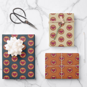 Retro Rotes Herz Gelb Orange Grün Geschenkpapier Set