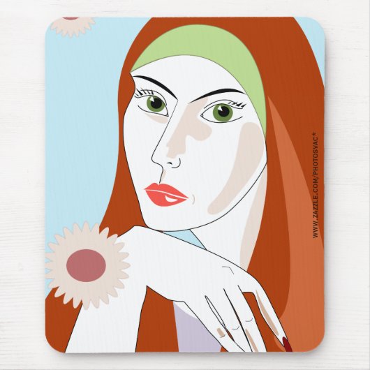 Retro-Rothaar-Porträt-Blumenmode-Kunst Mousepad (Vorne)