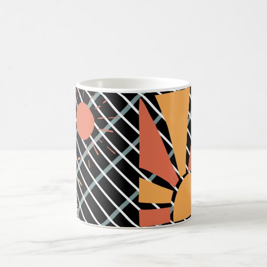 Retro-Rotorange-Sonnenuntergang auf blauem schwarz Kaffeetasse (Mittel)