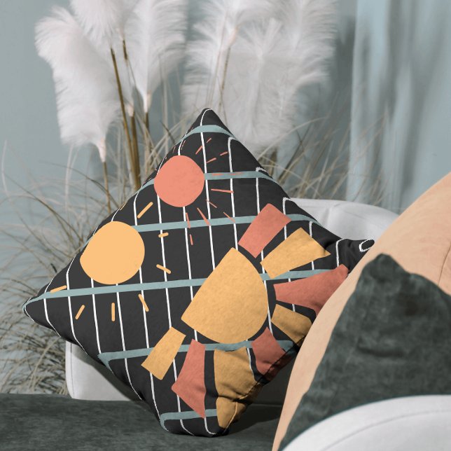 Retro-Rotorange-Sonnenuntergang auf blauem schwarz Kissen (Von Creator hochgeladen)