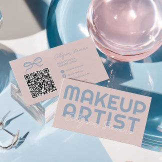 Retro-Rouge-Pink-Puderblau-Makeup-Artist-QR-Code Visitenkarte