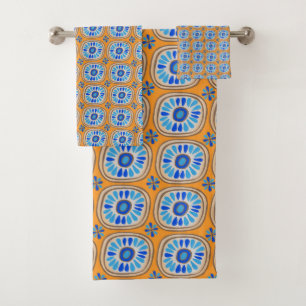 Retro Round Daisy Tile Muster Blau Orange Badhandtuch Set