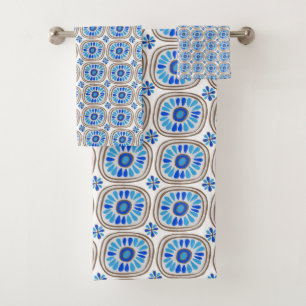 Retro Round Daisy Tile Muster Blau Weiß Badhandtuch Set