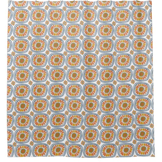 Retro Round Daisy Tiles Pattern Handgezeichnet Bla Duschvorhang (Vorderseite)