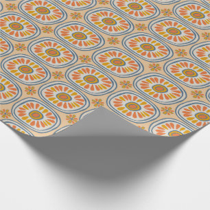 Retro Round Tiles Mexico Daisy Muster Orange Blue Geschenkpapier