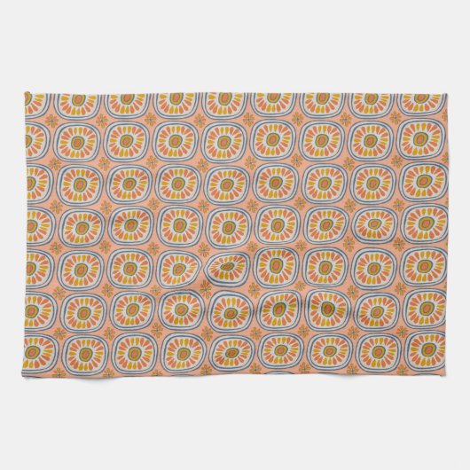 Retro Round Tiles Mexico Daisy Muster Peach Geschirrtuch (Horizontal)