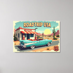Retro Route 66 Road Trip - Lebhafte Landschaft Leinwanddruck