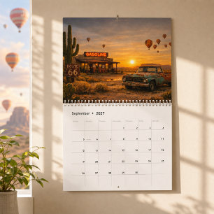 Retro Route 66 Sonnenuntergangs-Roadtrip-Abenteuer Kalender