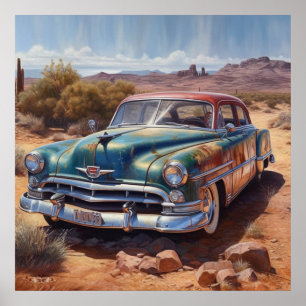 Retro Route 66 Vintage-Auto-Wüsten-Kunstwerk Poster