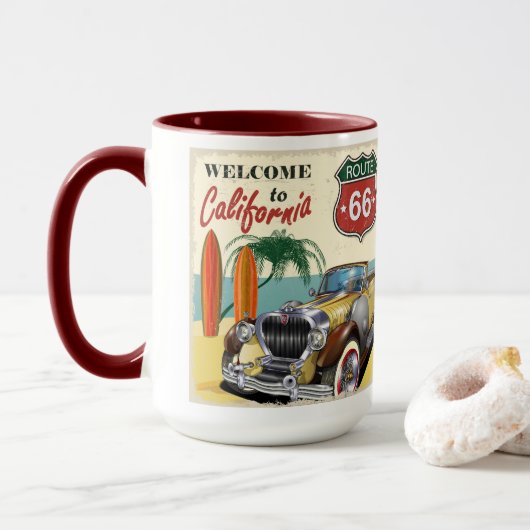 Retro Route 66 "Welcome to California" Poster, Tasse (Mit Donut)