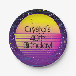 Retro Rückblick auf die 80er Jahre Lila Gelbe Sonn Pappteller