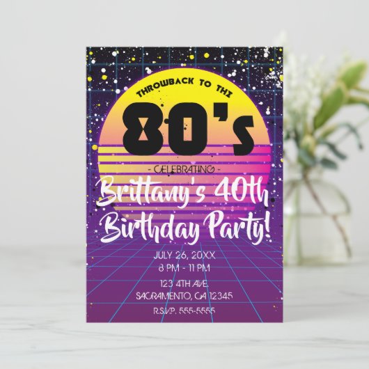 Retro-Rücklauf zum Lila Gelben Sun-Party der 80er Einladung (Stehend Vorderseite)