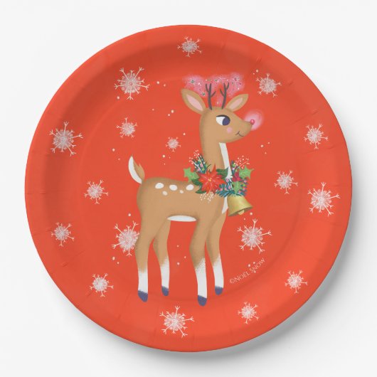 Retro Rudolph Reindeer Red Pappteller (Vorderseite)