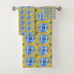 Retro Rund Daisy Tile Muster Blau Gelb Badhandtuch Set