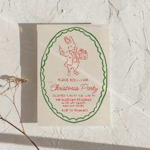 Retro Rustic Hand Drawing Red Christmas Rabbit Par Einladung
